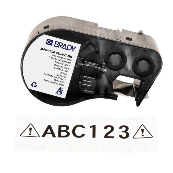 Etiqueta ABC123 em vinil preto sobre branco e cartucho de fita para rotuladora BRADY