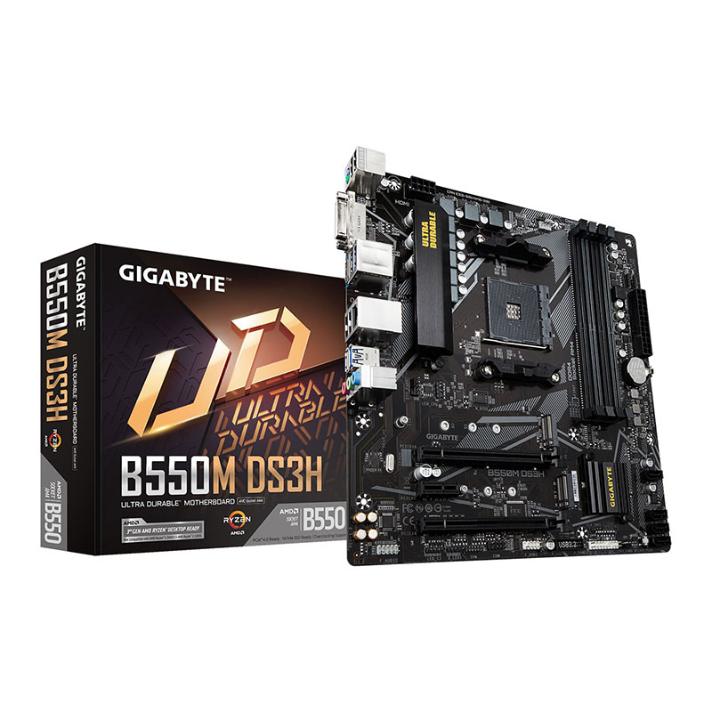 Placa-mãe Gigabyte B550M DS3H e sua embalagem