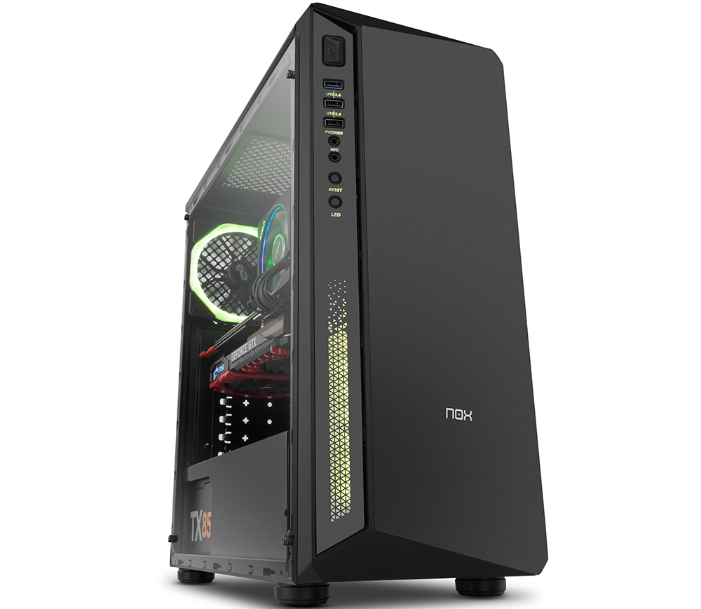 Computador de secretária preto com iluminação LED e laterais em vidro transparente