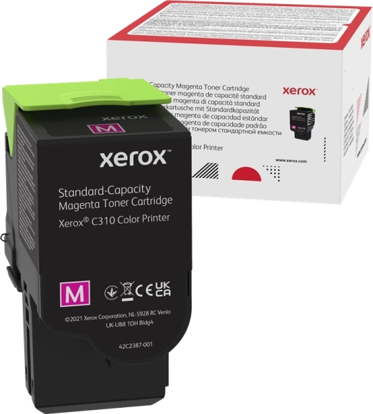 Cartucho de toner magenta para impressora Xerox C310 com embalagem branca.