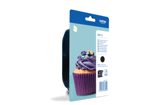 Embalagem azul e cinzenta com imagem de cupcake roxo e texto técnico Brother LC229