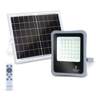 Kit de iluminação solar com painel, refletor LED e comando remoto.