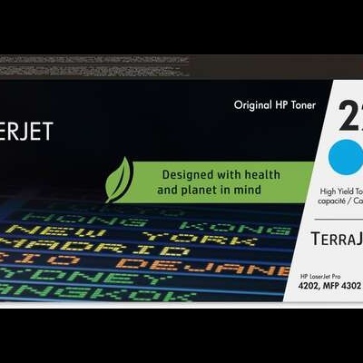 Embalagem de toner HP LaserJet 220x Cyan com design ecológico e QR code