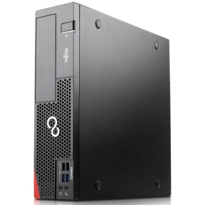 Computador de secretária Fujitsu preto com detalhes vermelhos e entradas USB