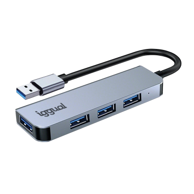 Hub USB cinzento metálico com quatro portas USB 3.0 azuis e cabo preto