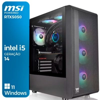 Computador de secretária preto com iluminação RGB e texto MSI RTX5050 Intel i5 14 e Windows 11