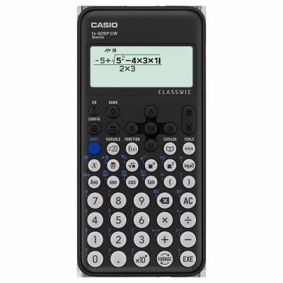 Calculadora científica Casio fx-82SP CW preta com ecrã e botões brancos e azuis