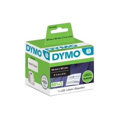 Caixa verde e branca de etiquetas DYMO LW 54 mm x 101 mm com texto VISITOR David Casey
