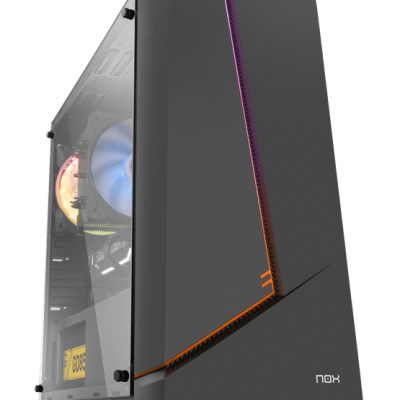 Computador de secretária com vidro lateral e iluminação LED diagonal colorida na frente