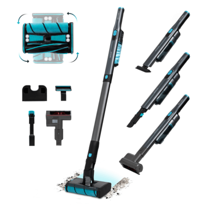 Aspirador vertical cinza e azul com vários acessórios de limpeza