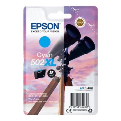 Embalagem de tinta Epson cyan 502XL com imagem de telescópio e céu ao pôr do sol
