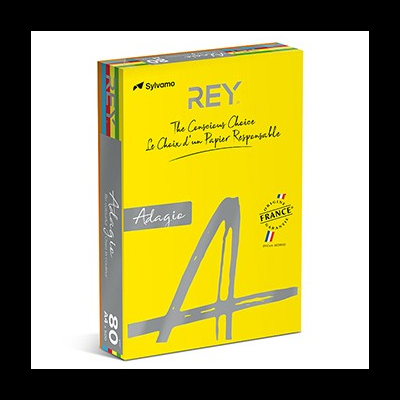 Caixa amarela e cinza de papel para impressão Rey Adagio da marca Sylvamo com 80 gramas.