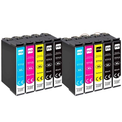 Conjunto de dez tinteiros para impressora com rótulos coloridos e indicação de modelo e cores.