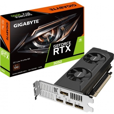 Placa gráfica Gigabyte GeForce RTX 3050 com dual fans e caixa colorida