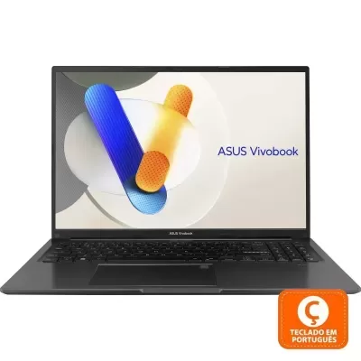 Portátil ASUS Vivobook aberto com teclado português e ecrã com gráficos coloridos