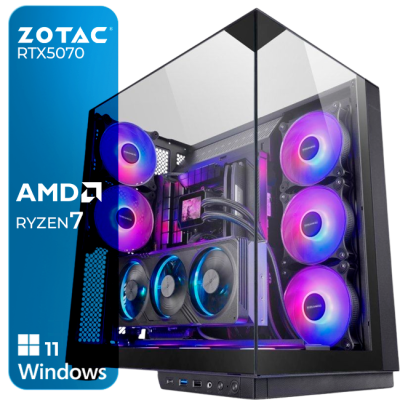 Computador gaming com caixa em vidro transparente e iluminação RGB, com textos ZOTAC RTX5070, AMD RYZEN 7, Windows 11