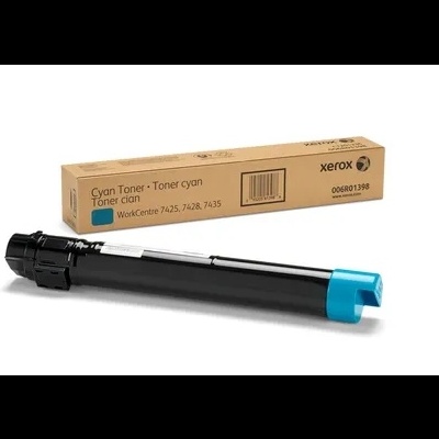 Toner ciano Xerox com embalagem castanha e cilindro preto com tampa azul