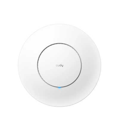 Ponto de acesso Wi-Fi branco com logo cudy e luz LED azul