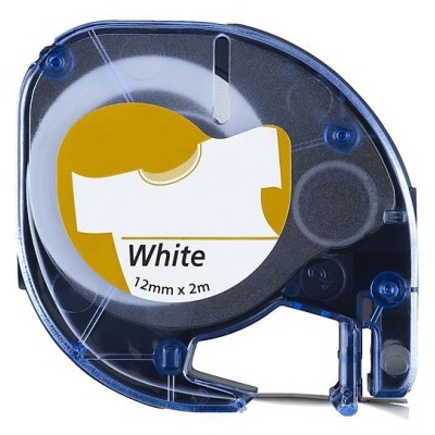 Fita de rotulagem branca 12mm x 2m em caixa plástica azul transparente.
