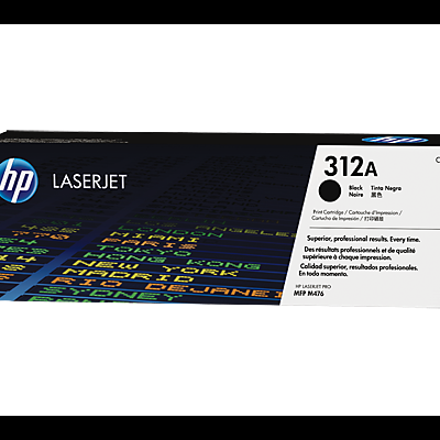 Caixa de tinta preta HP LaserJet 312A com texto e padrão pixelado colorido