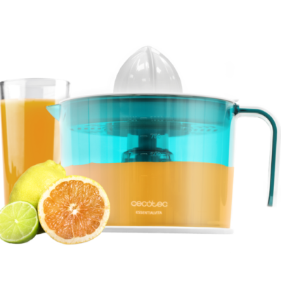 Espremedor de citrinos azul com tampa branca e copo de sumo ao lado