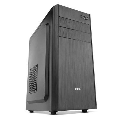 Torre de computador preta com acabamento metálico