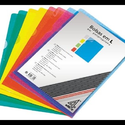 Conjunto de bolsas em L coloridas com embalagem branca e texto preto