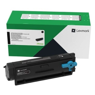 Cartucho de toner Lexmark preto com caixa verde, branca e preta