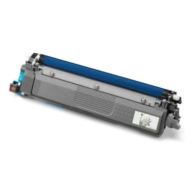 Cartucho de toner cinzento com parte superior azul e etiqueta com instruções