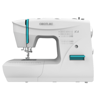 Máquina de costura branca e azul com padrões de pontuação na lateral