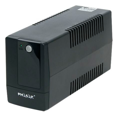 Nobreak preto PHASAK com botão circular, LED verde e ventilação lateral