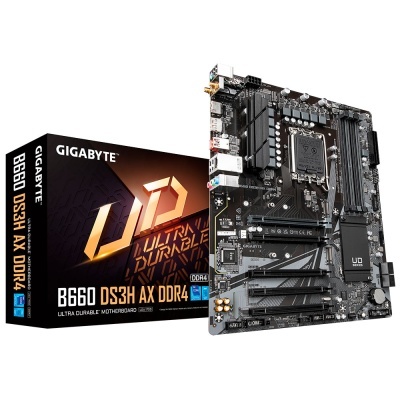 Placa-mãe Gigabyte B660 DS3H AX DDR4 ao lado da sua caixa preta com logo e texto dourado.