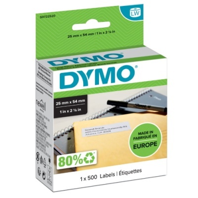 Caixa de etiquetas DYMO com 500 unidades, dimensões 25 mm x 54 mm, feita na Europa