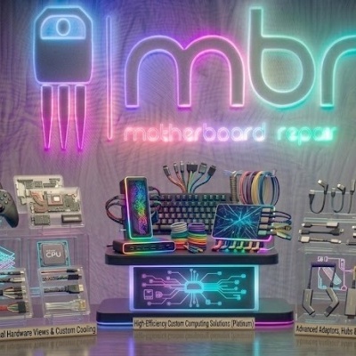 Hardware de computador em expositores com cabos coloridos e fundo iluminado neon