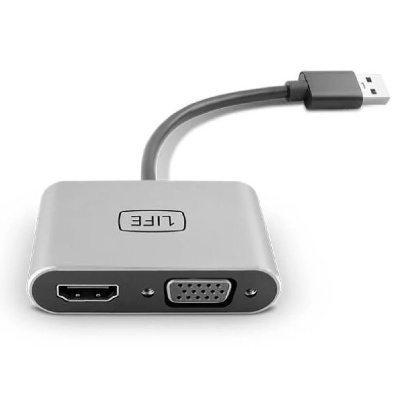 Adaptador USB para HDMI e VGA cinzento com texto LIFE no centro