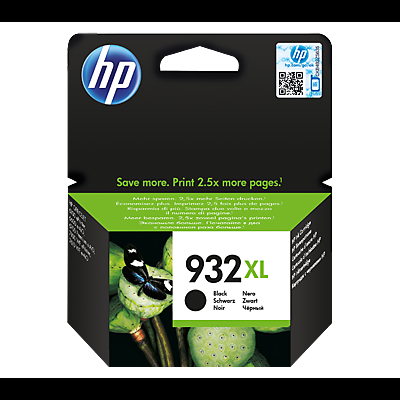 Embalagem de tinteiro HP 932XL preto com texto verde e branco