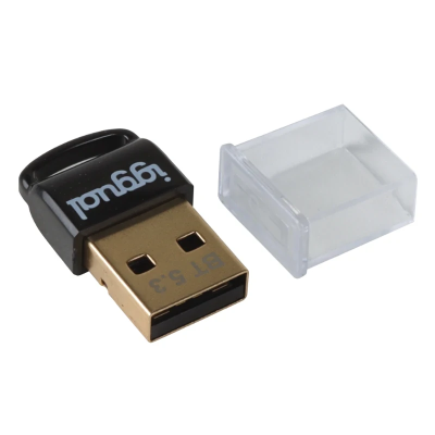 Adaptador USB Bluetooth pequeno preto com conector dourado e capa plástica transparente