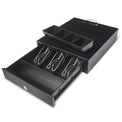 Gaveta de caixa registadora preta com compartimentos e presilhas