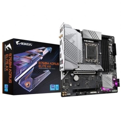 Placa-mãe AORUS B765M ELITE AX com design preto e cinza ao lado da caixa do produto
