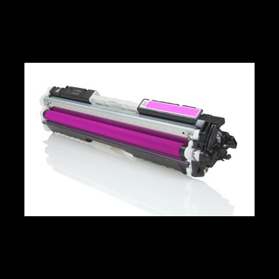 Toner de impressora cor magenta sobre superfície branca