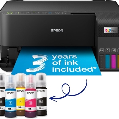 Impressora Epson EcoTank preta com frascos de tinta coloridos