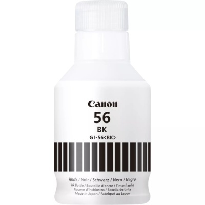 Frasco branco de tinta Canon 56 BK com tampa branca e etiquetas em preto