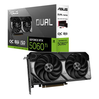 Placa gráfica ASUS Dual GeForce RTX 5060 Ti com duas ventoinhas e embalagem correspondente