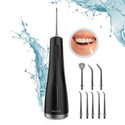Irrigador oral preto Cecotec com vários bocais e efeito de água