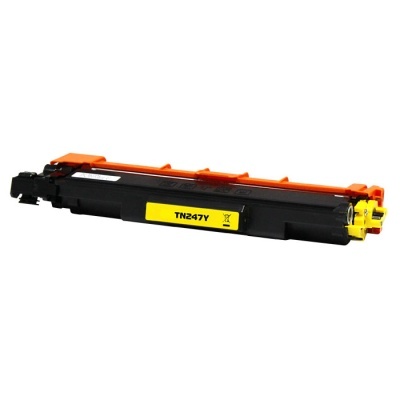 Toner para impressora laser TN247Y com corpo preto e tampa laranja em fundo branco