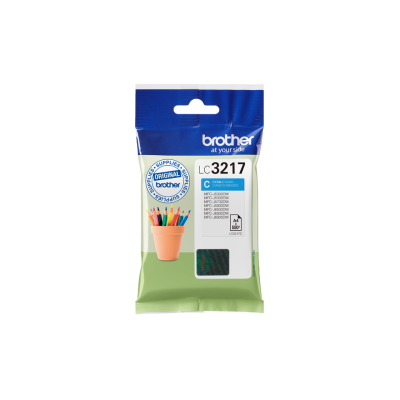Embalagem de tinteiro Brother LC3217 cyan com texto e imagem de lápis coloridos