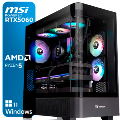 Computador de secretária preto com laterais em vidro e iluminação RGB