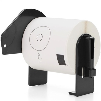 Suporte preto de metal para rolo de papel branco com marcas e seta