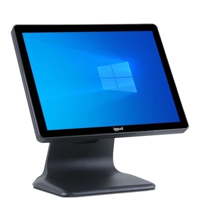 Monitor touchscreen preto com base robusta e ecrã Windows