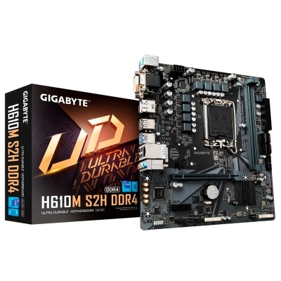 Placa-mãe Gigabyte H610M S2H DDR4 com caixa preta ao fundo